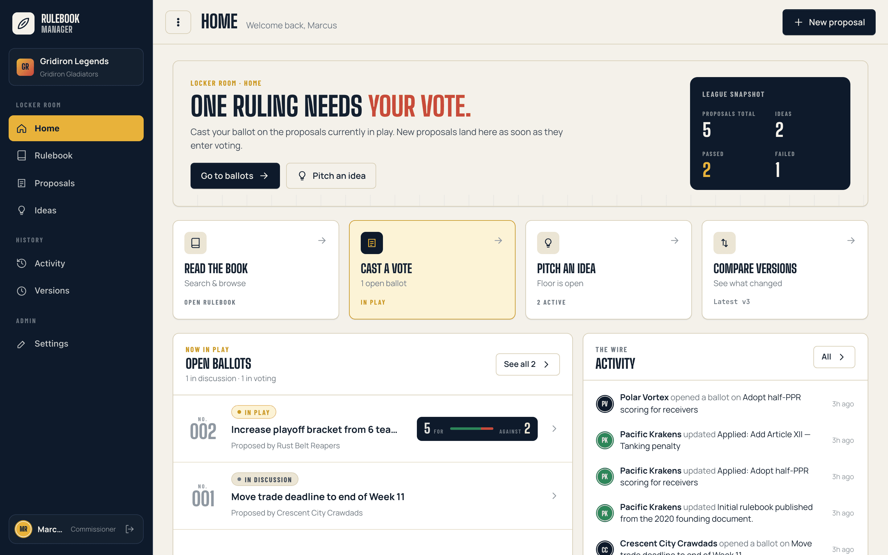 Rulebook Manager home dashboard — "one ruling needs your vote"